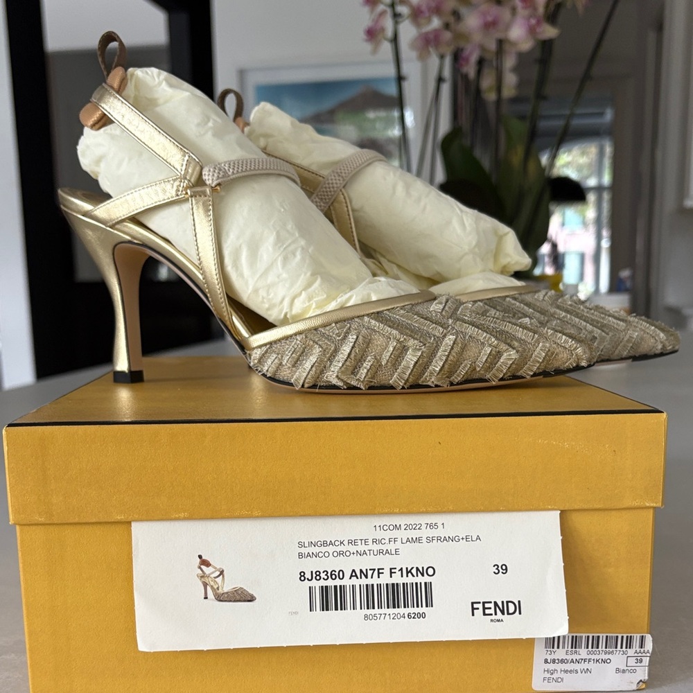 Fendi Metallic Gold Pointed Slingback Heels